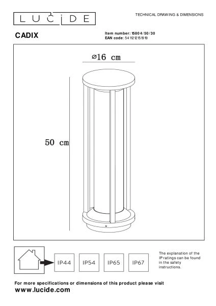 Lucide CADIX - Borne extérieur - Ø 16 cm - 1xE27 - IP65 - Noir - TECHNISCH